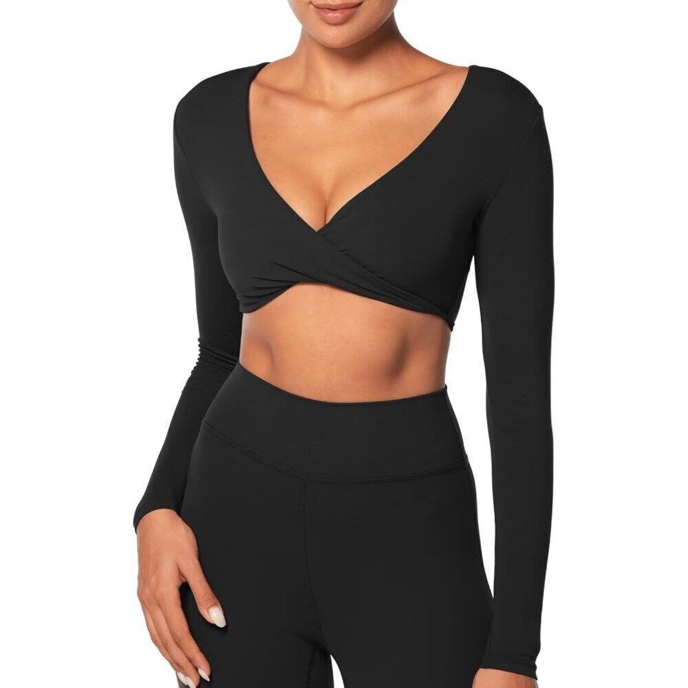 Women’s Soft Crop Workout Top V-Neck Twist Support Yoga Gym Casual